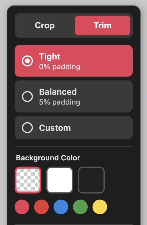 The new Crop and Trim panel with padding presets and background color row